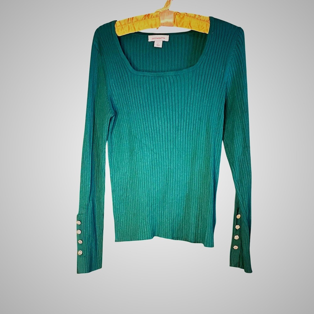 Liz Claiborne Women Teal Green Ribbed Knit Square Neck Rhinestone Button Sweater